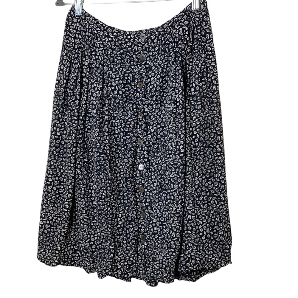 Vintage 70s 80s Seashell Print Black Button Front Midi Skirt Women's Sz 28 or 6